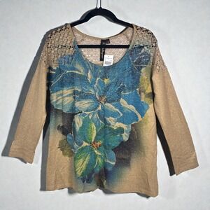 French Bazaar Knit Top Women Large Beige Metallic Floral Print Lace Shoulder NWT